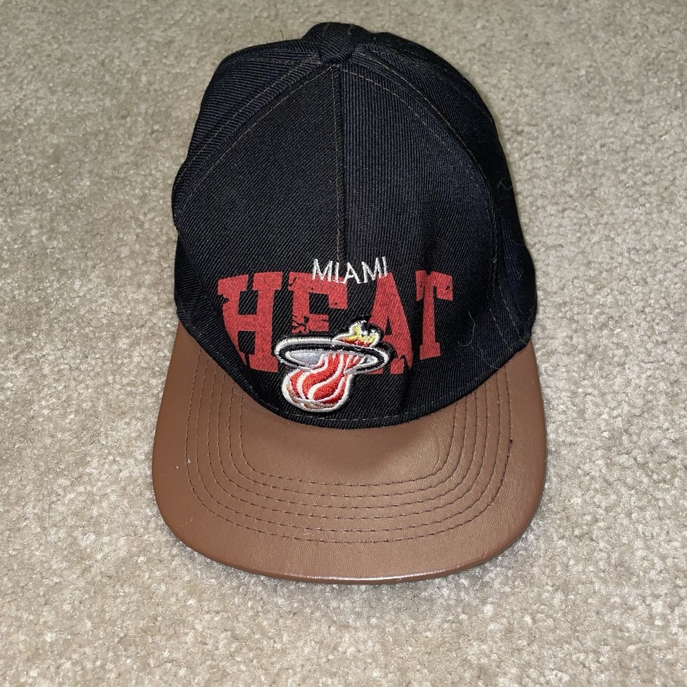 Mitchell & Ness‎ Miami Heat Snapback Hat Black Brown Faux Leather Brim NBA Cap